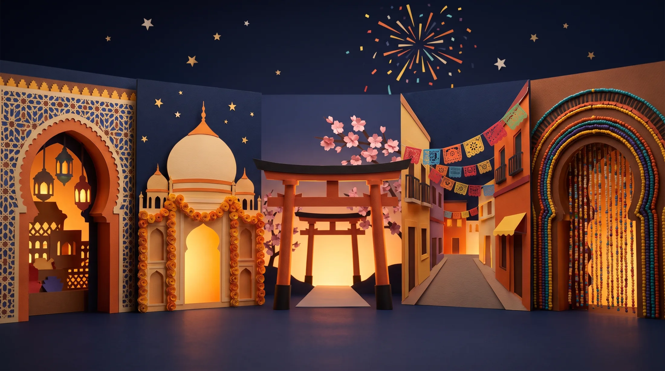 Campaign key visual: five paper-craft cultural worlds folding open around a glowing festival gate