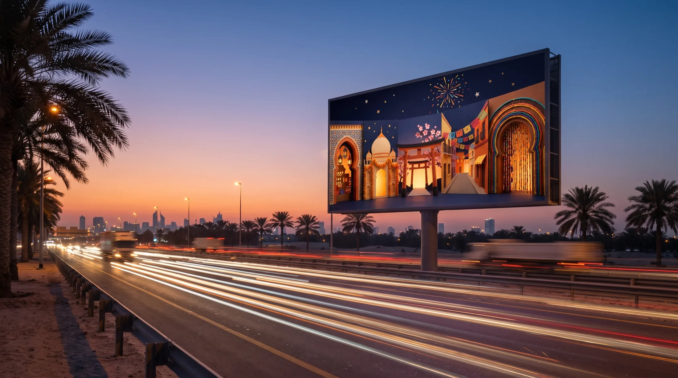 The master key visual on a roadside digital billboard beside a Dubai highway at dusk