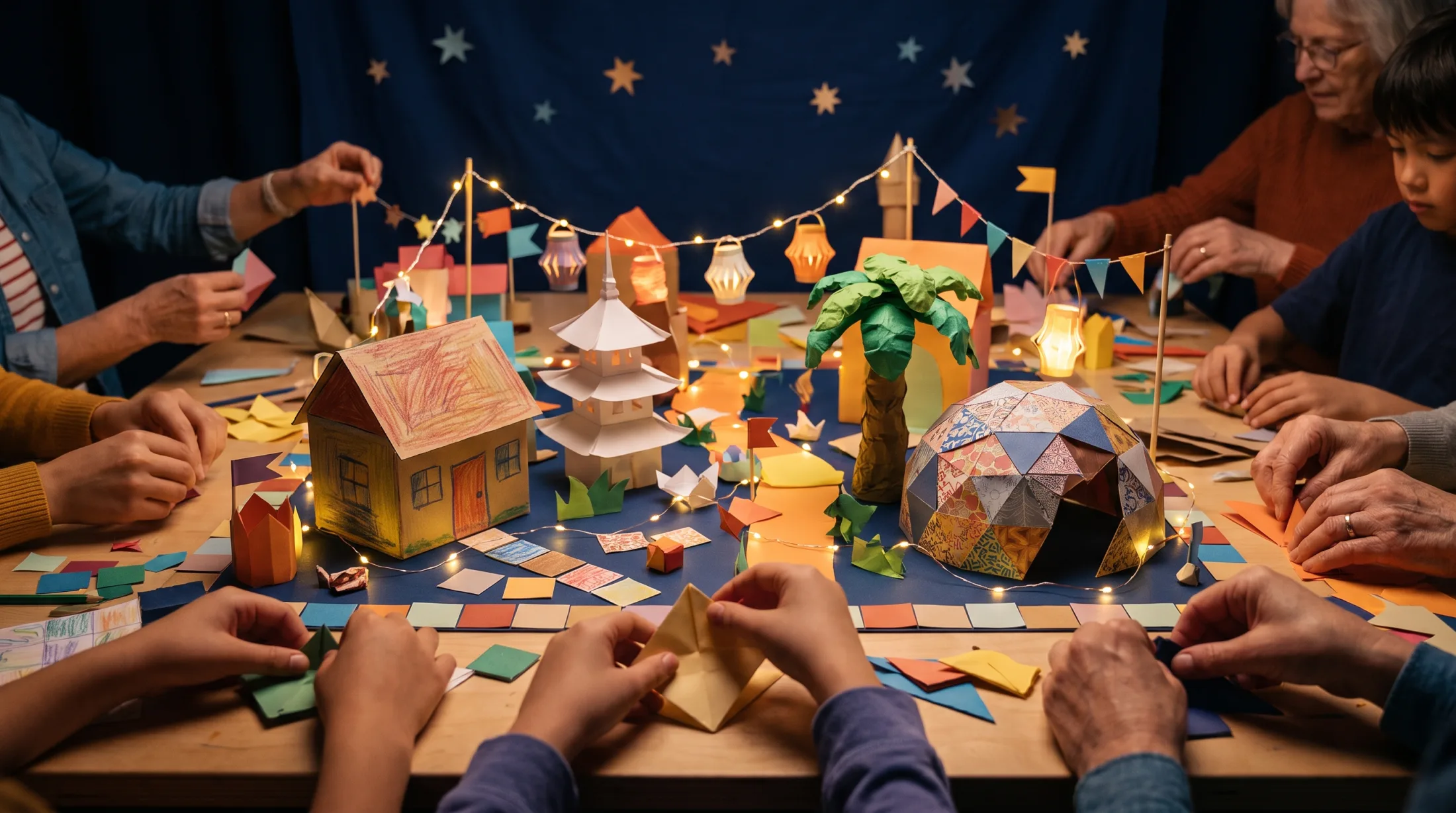 Paper-craft world being folded together from mismatched contributions by many different hands