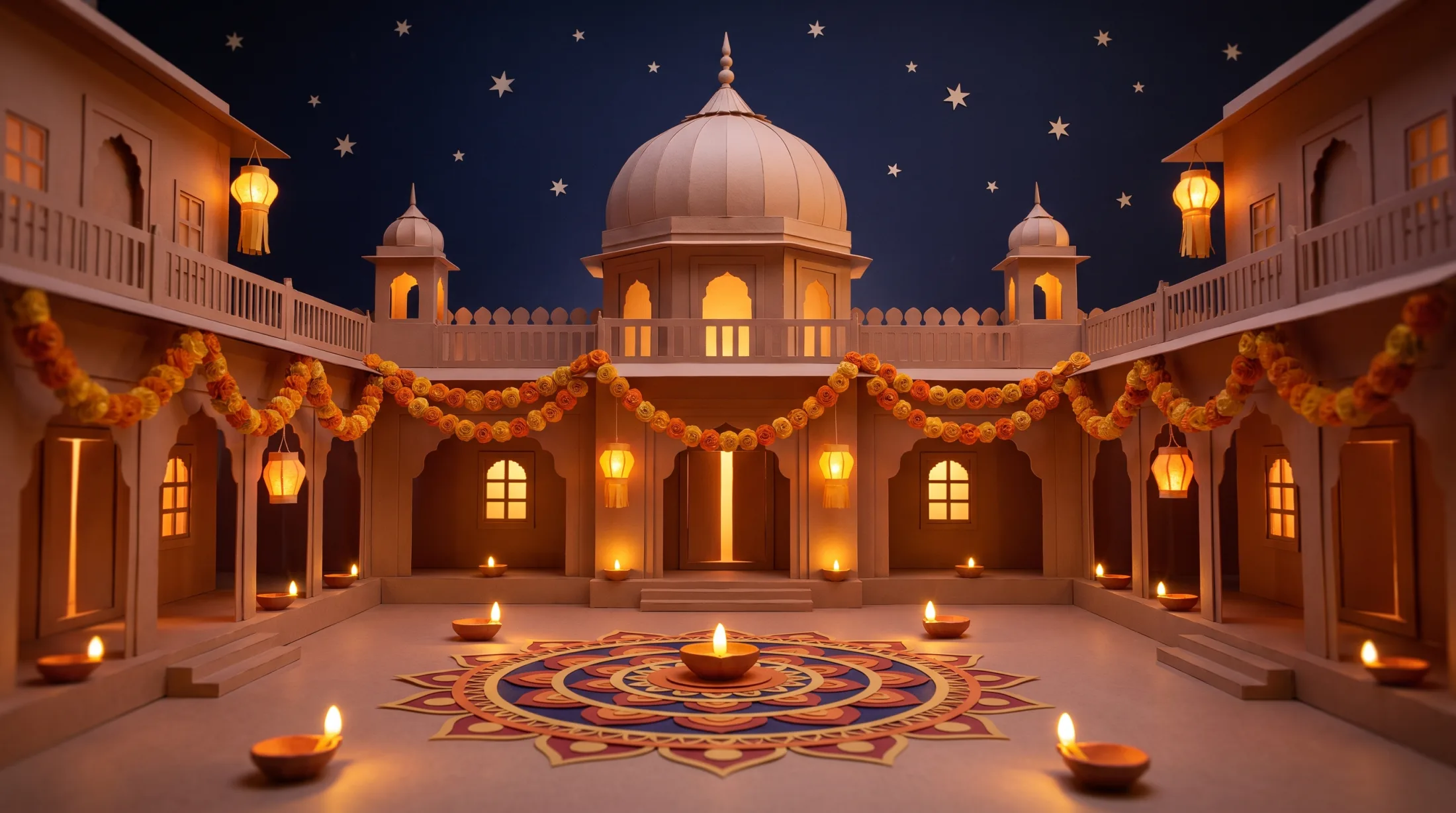 Paper-craft world: Indian palace courtyard with marigold garlands and diya lamps