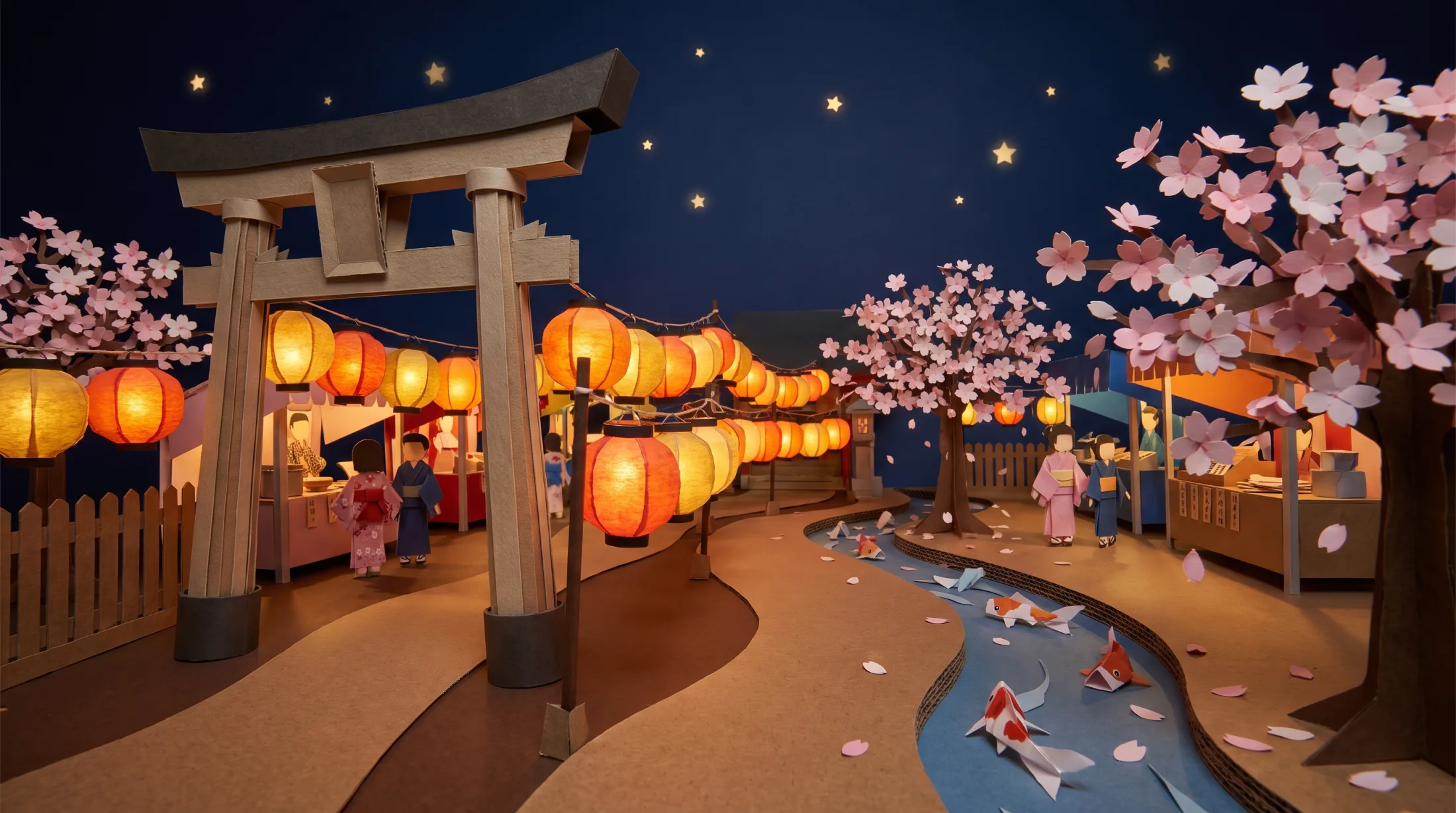 Paper-craft world: Japanese lantern lane with torii gate and origami cherry blossoms