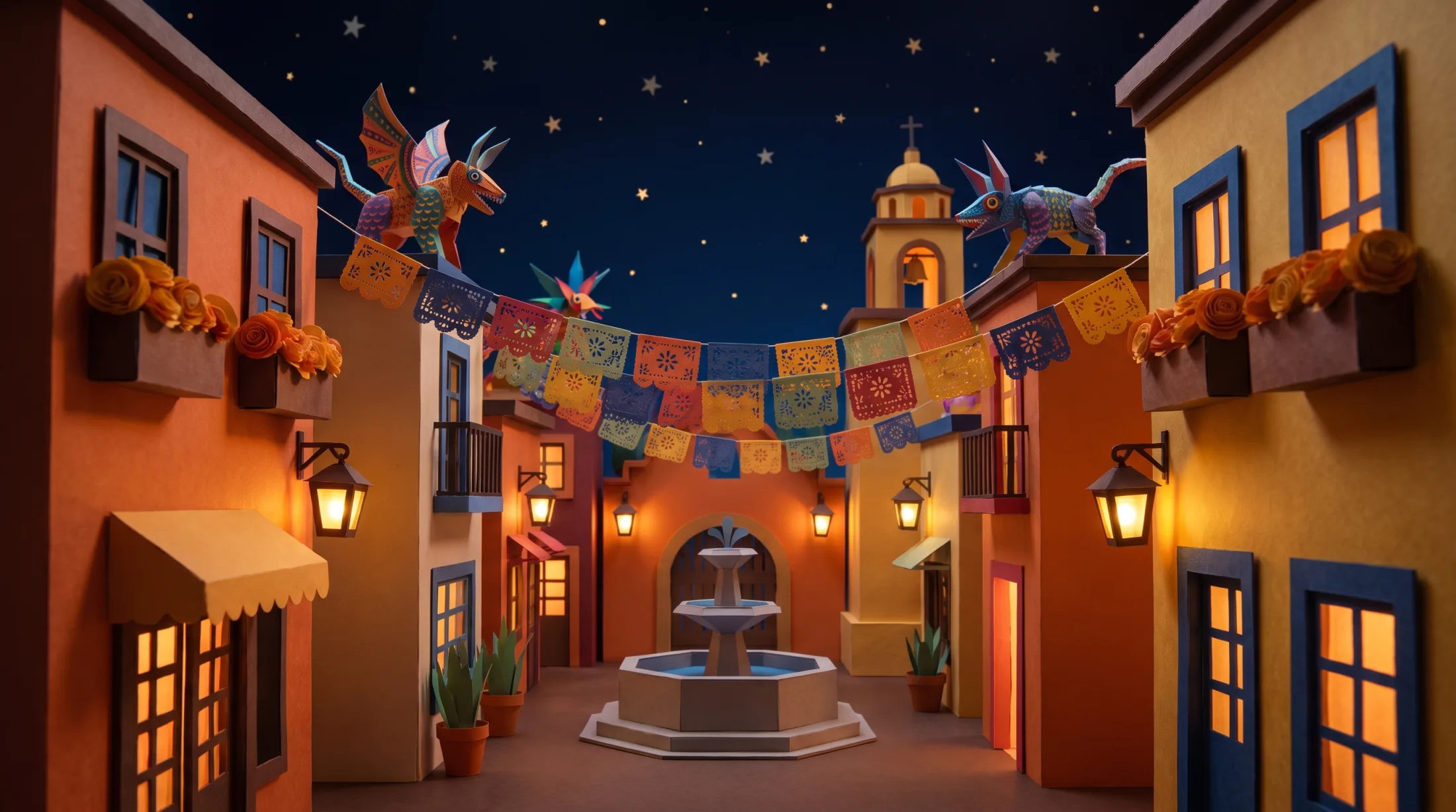 Paper-craft world: Mexican plaza with papel picado banners and alebrijes