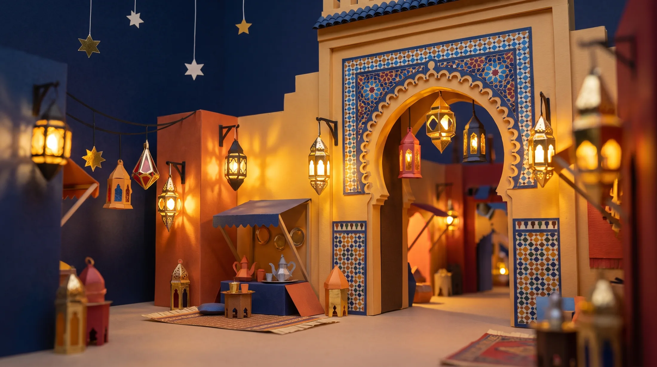 Paper-craft world: Moroccan souk archway with zellige patterns and lanterns